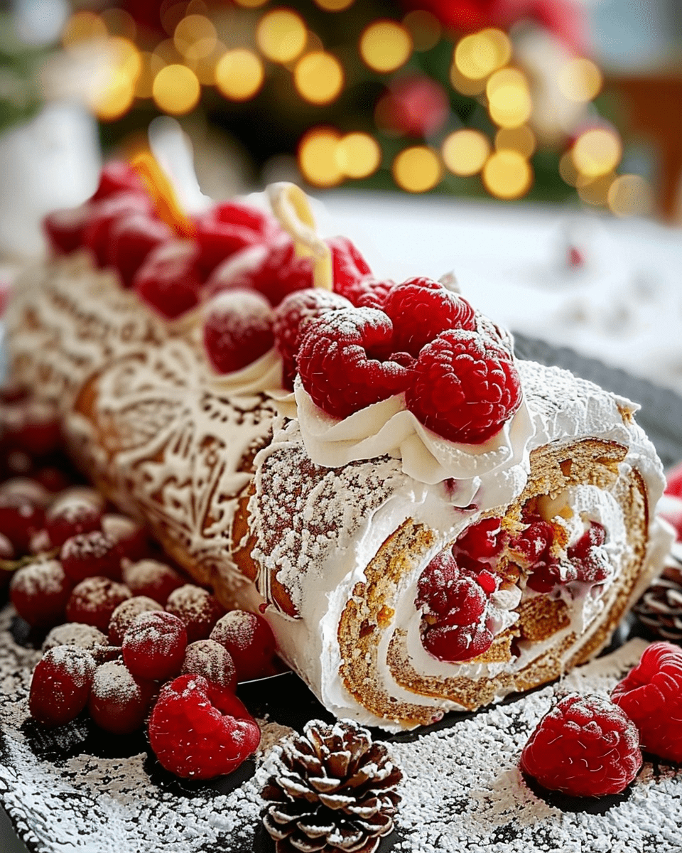 Bûche de Noël aux framboises décorée avec crème et fruits rouges