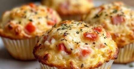 Muffins salés façon pizza dorés avec mozzarella fondante et dés de jambon