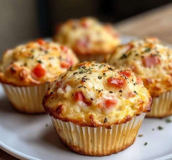 Muffins salés façon pizza dorés avec mozzarella fondante et dés de jambon