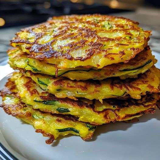 Röstis de courgettes dorés et croustillants sur une assiette avec du persil frais