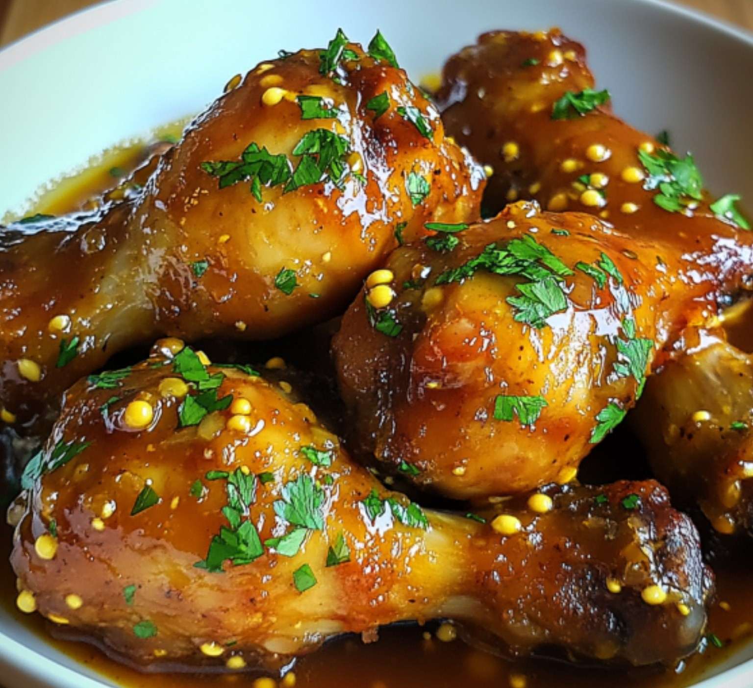 Filets de poulet caramélisés nappés de sauce miel et moutarde, garnis de persil frais, accompagnés de riz parfumé.