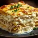 Plat de lasagnes dorées au poulet et sauce blanche