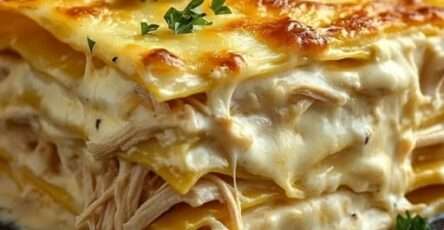 Plat de lasagnes dorées au poulet et sauce blanche