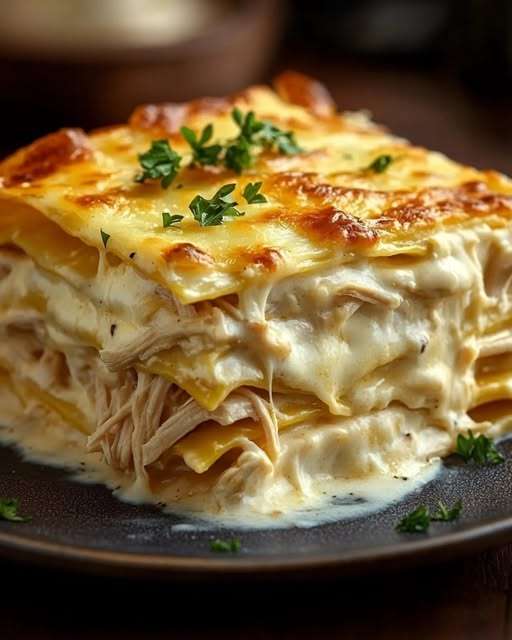 Plat de lasagnes dorées au poulet et sauce blanche