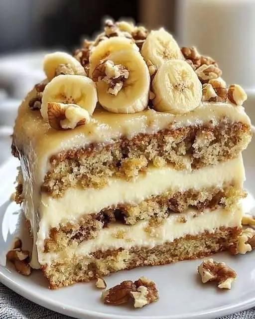 Gâteau moelleux à la banane et aux noix, décoré de noix concassées, servi sur une assiette avec une tasse de café.