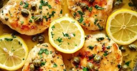 Piccata de poulet au citron servie avec sauce aux câpres et persil frais