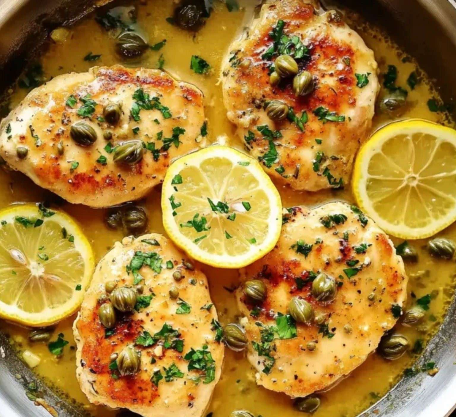 Piccata de poulet au citron servie avec sauce aux câpres et persil frais