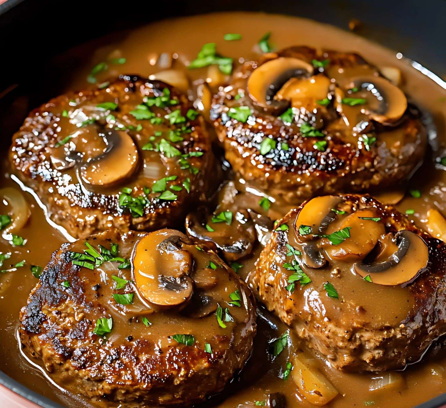 Assiette de steak Salisbury nappée de sauce aux champignons, accompagnée de purée de pommes de terre.