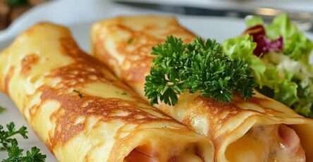 Crêpes roulées au jambon et fromage gratinées au four avec une garniture dorée