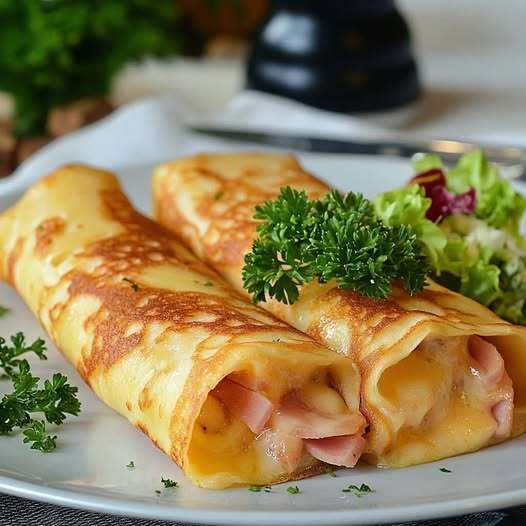 Crêpes roulées au jambon et fromage gratinées au four avec une garniture dorée