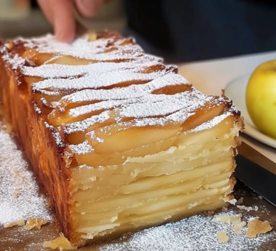 Cake aux pommes fondant saupoudré de sucre glace et tranches dorées