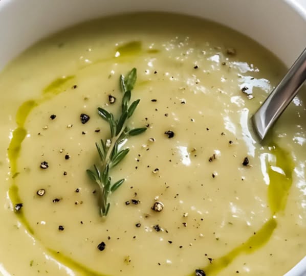 Bol de velouté de courgettes garni de feuilles de thym et d’un filet de crème fraîche