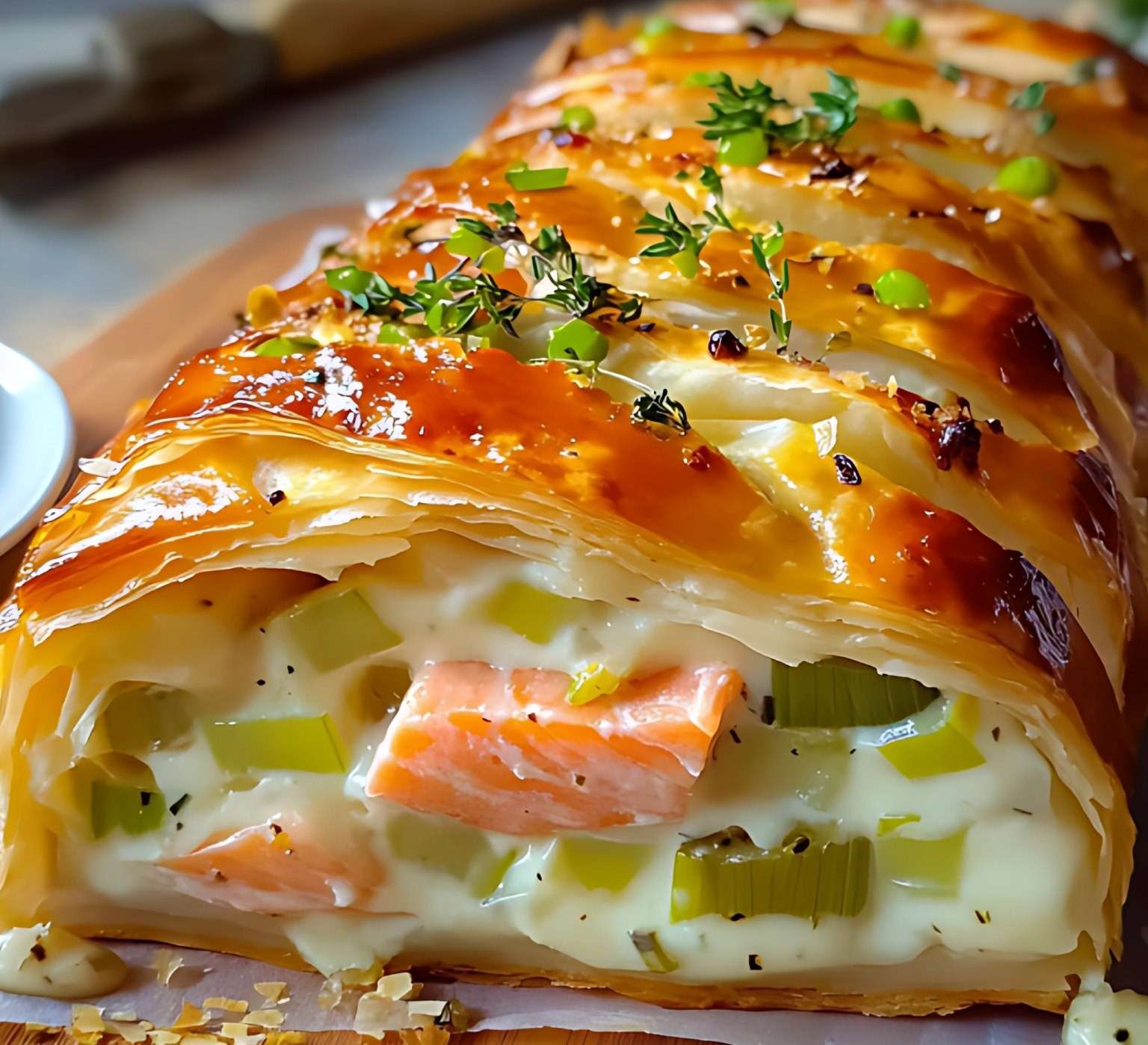 Feuilleté saumon et poireaux doré, croustillant et garni de fromage frais, servi sur une assiette élégante