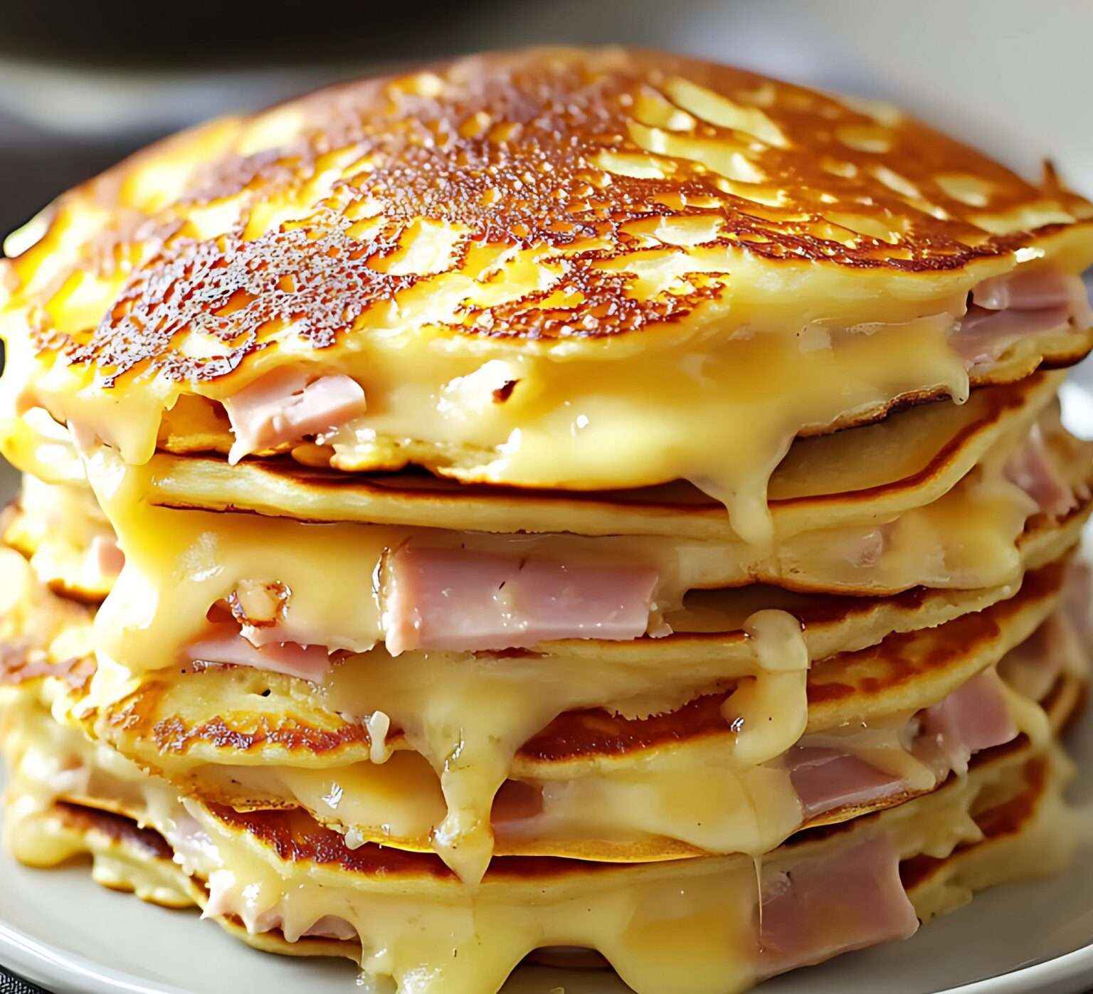 ancakes salés dorés, garnis de fromage fondu et morceaux de jambon, servis avec une salade verte et de la ciboulette fraîche