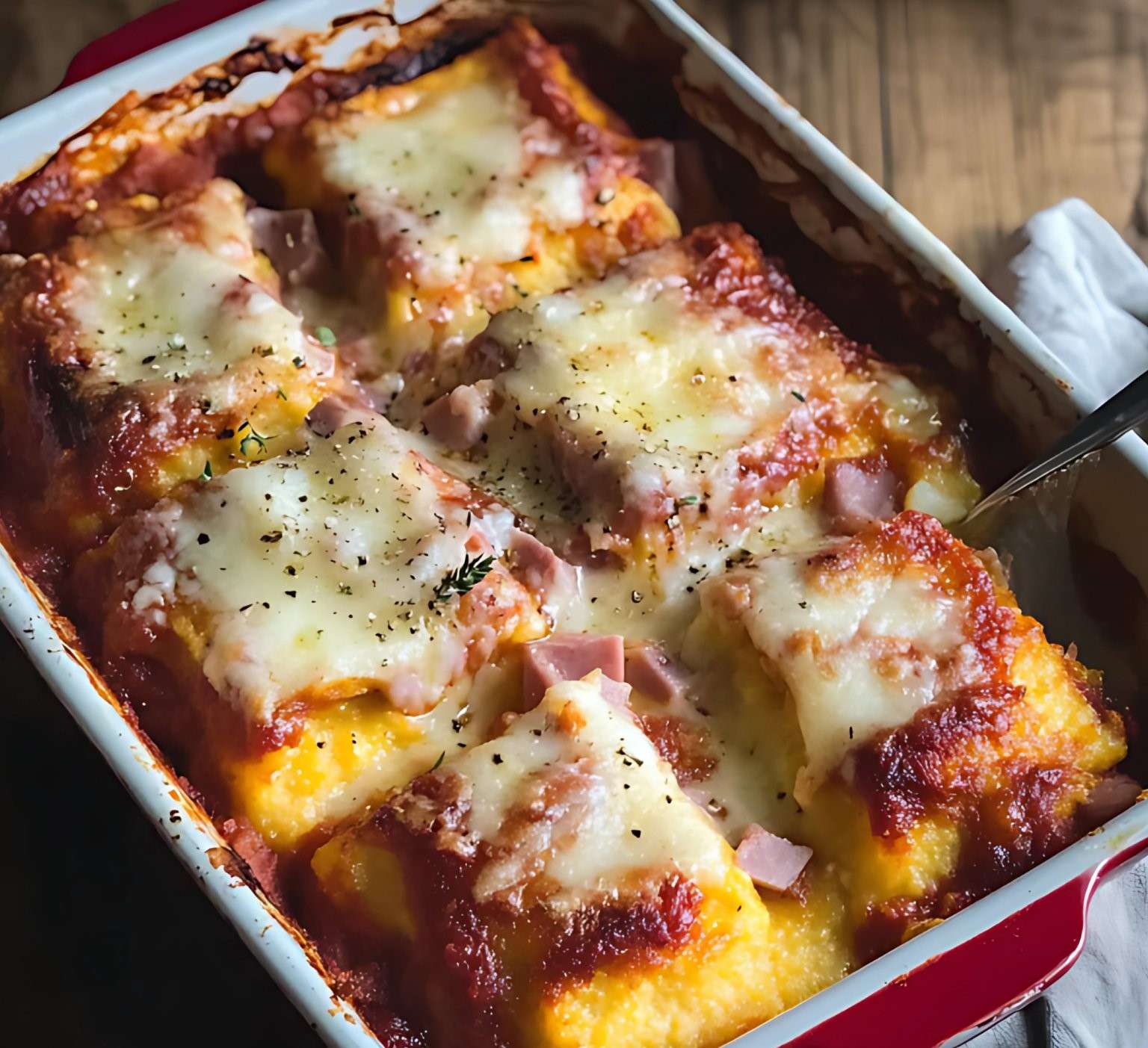 Plat de polenta gratinée au Beaufort avec une couche dorée et croustillante.