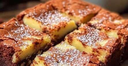 Carrés de frangipane façon brownies aux amandes, dorés et parfumés au rhum, servis sur une assiette avec des amandes effilées.