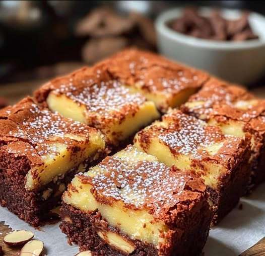 Carrés de frangipane façon brownies aux amandes, dorés et parfumés au rhum, servis sur une assiette avec des amandes effilées.