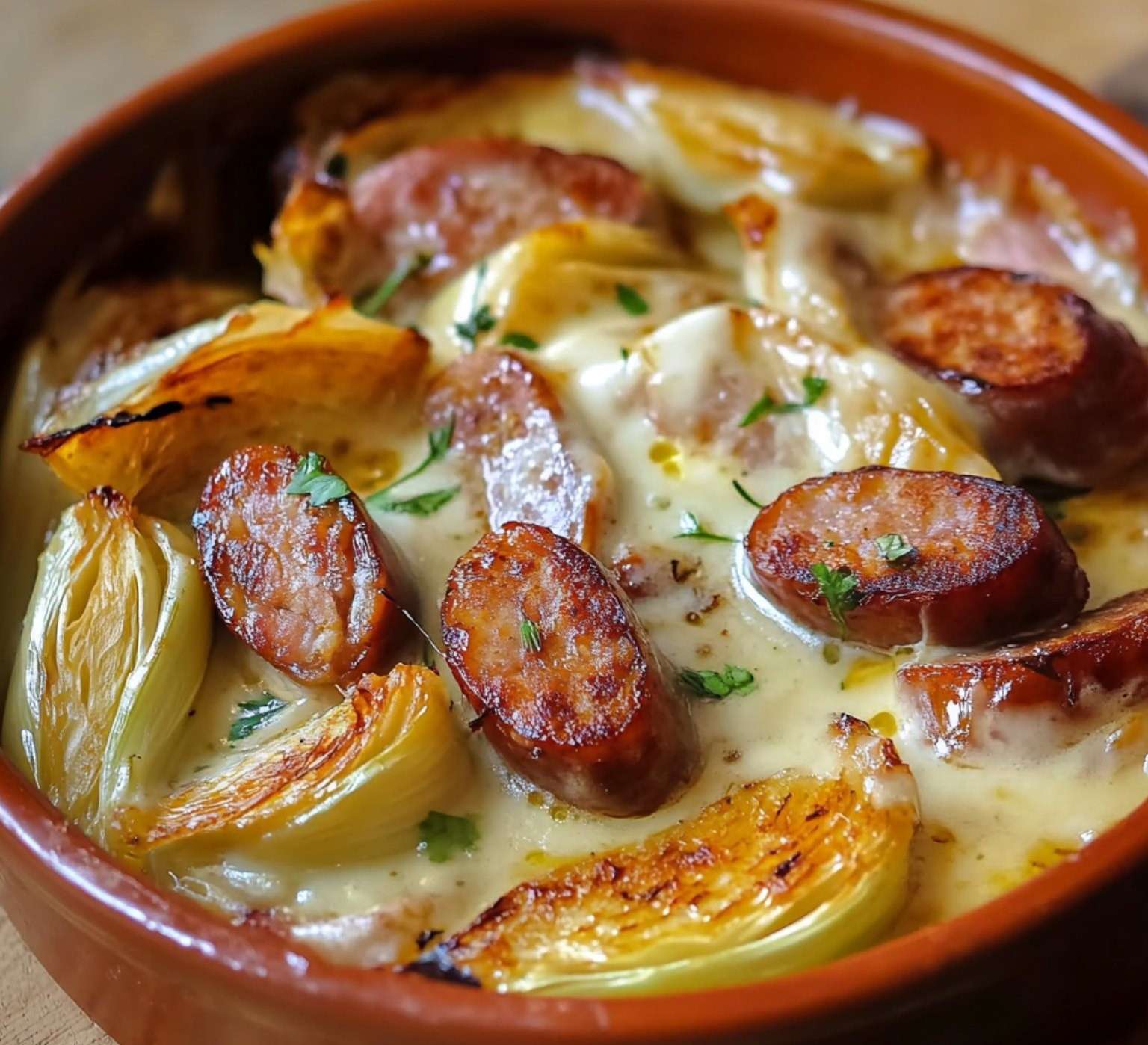 Fondue d’endives gratinée avec des saucisses fumées, servie dans un plat à gratin doré et fumant