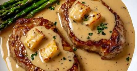 Escalopes de veau dorées nappées de sauce à la raclette et crème fraîche, accompagnées de pommes de terre rôties