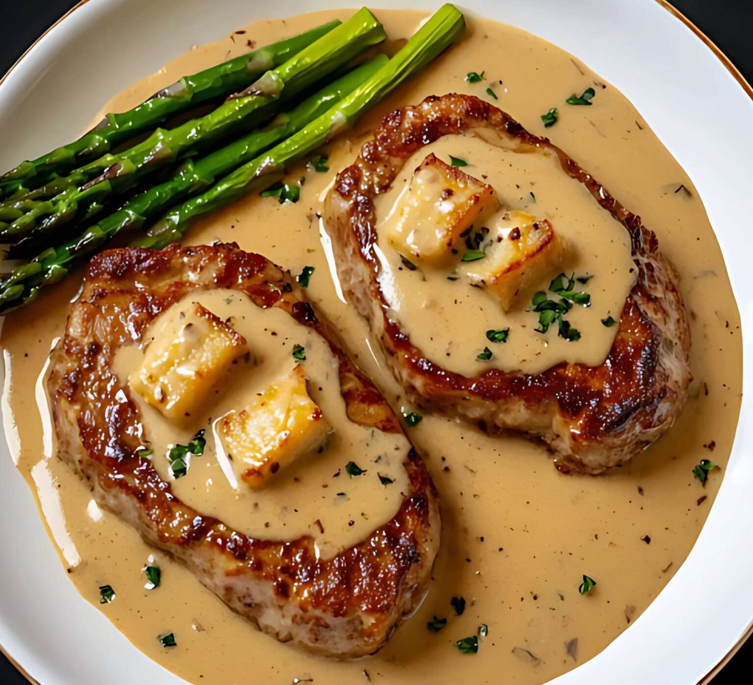 Escalopes de veau dorées nappées de sauce à la raclette et crème fraîche, accompagnées de pommes de terre rôties