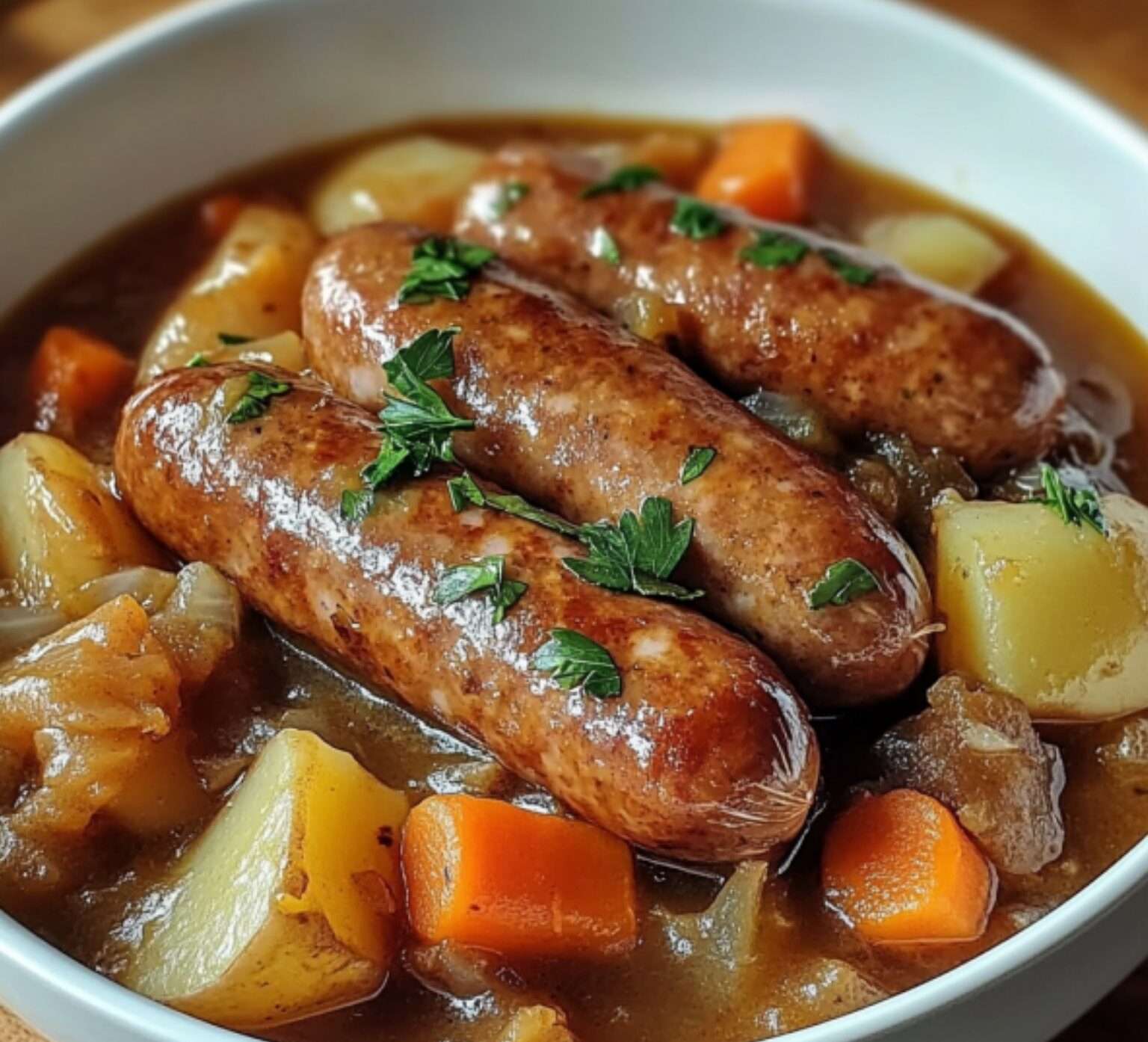 Potée aux saucisses fumées et légumes, servie dans une cocotte fumante avec des herbes fraîches