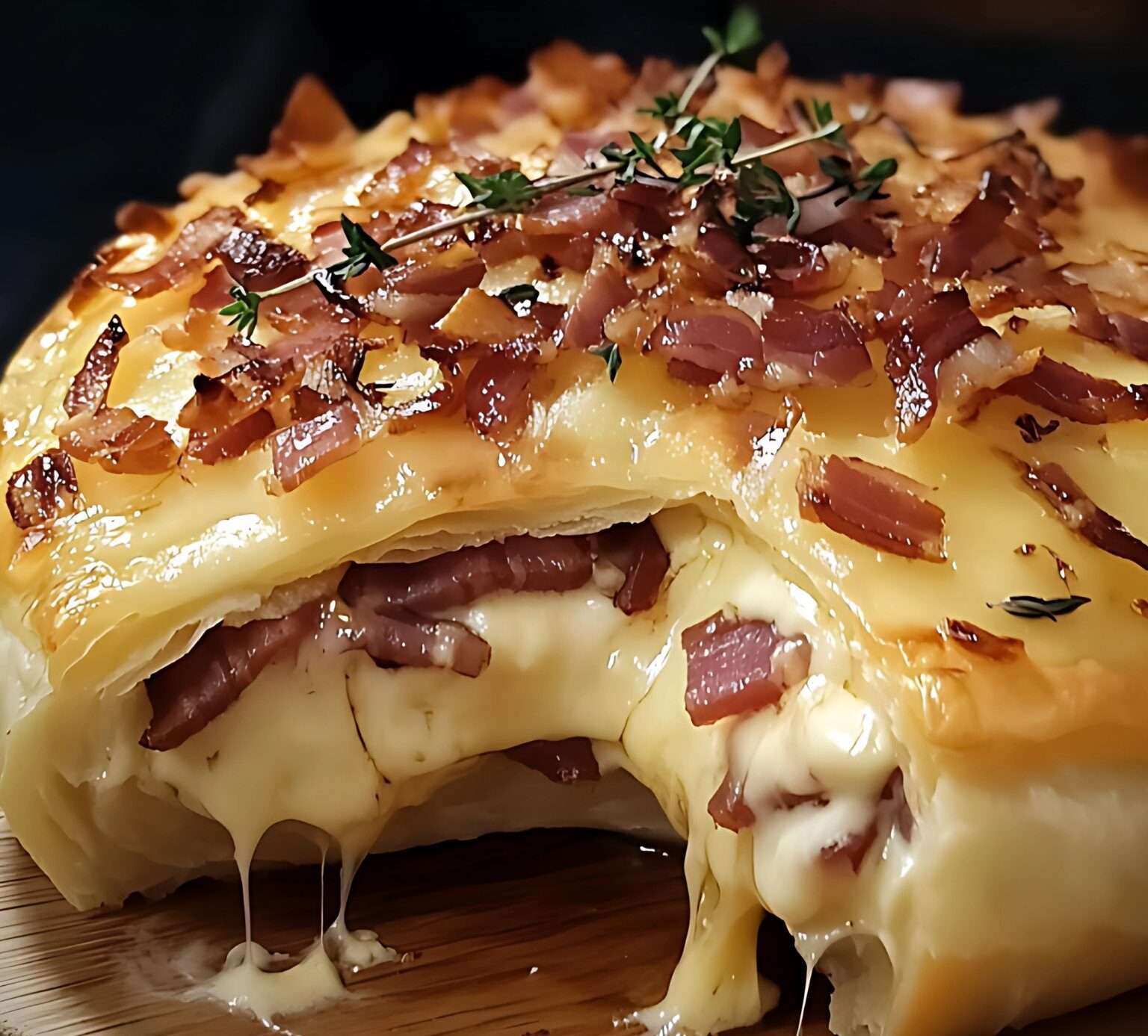 Feuilleté doré au camembert fondant et lardons croquants, nappé de miel et garni de thym frais