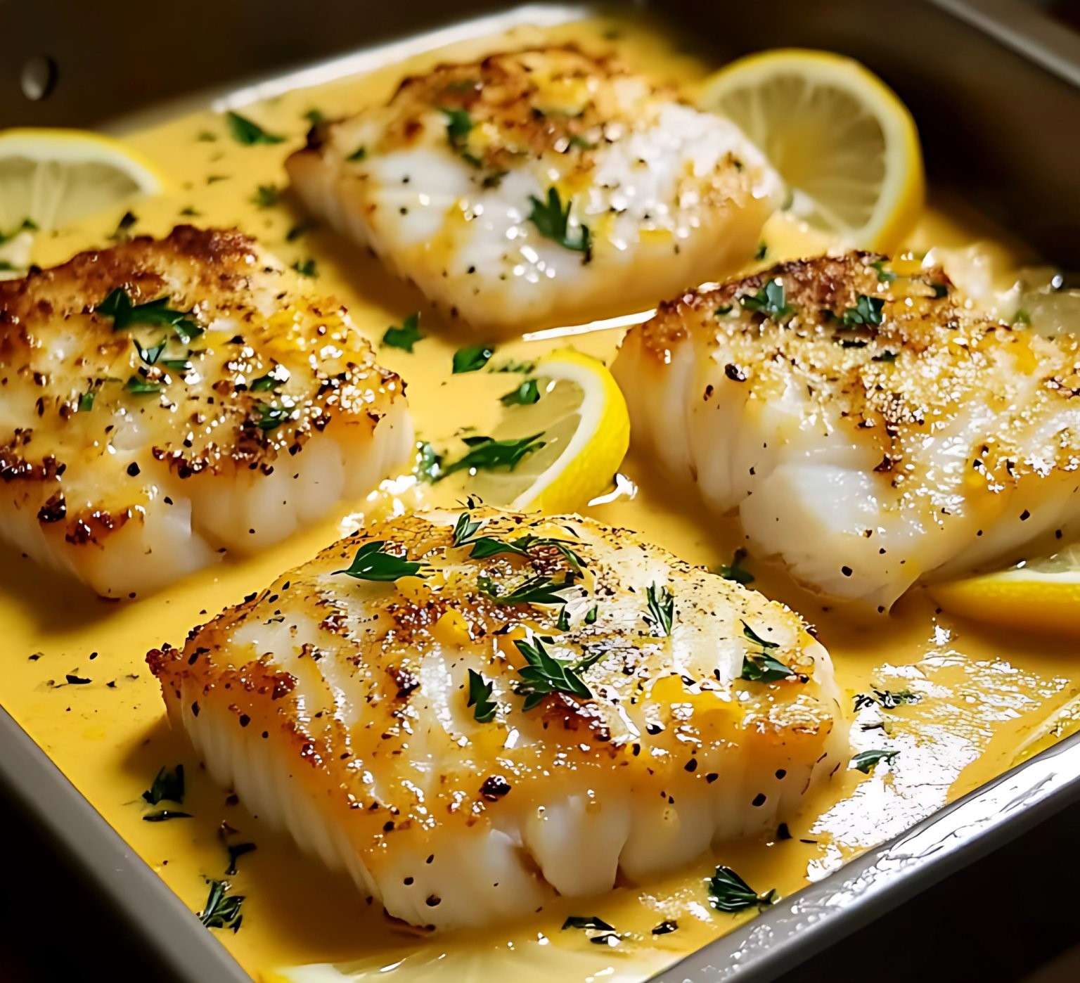 Filets de cabillaud dorés au four nappés de sauce à la moutarde et crème citronnée, garnis de persil frais