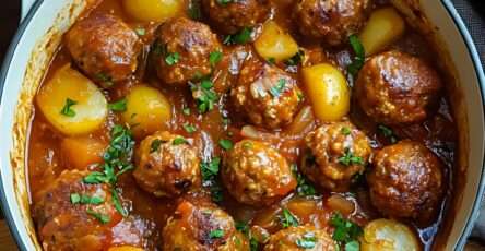 Ragoût de pommes de terre avec boulettes de viande hachée, carottes, céleri et tomates dans une cocotte fumante