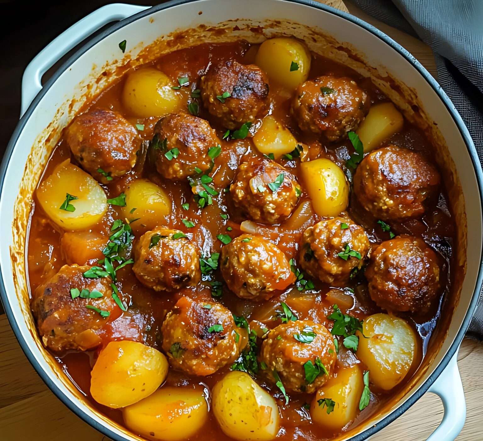 Ragoût de pommes de terre avec boulettes de viande hachée, carottes, céleri et tomates dans une cocotte fumante