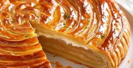 Galette des rois dorée à la crème pâtissière, garnie d'amandes et décorée de motifs festifs