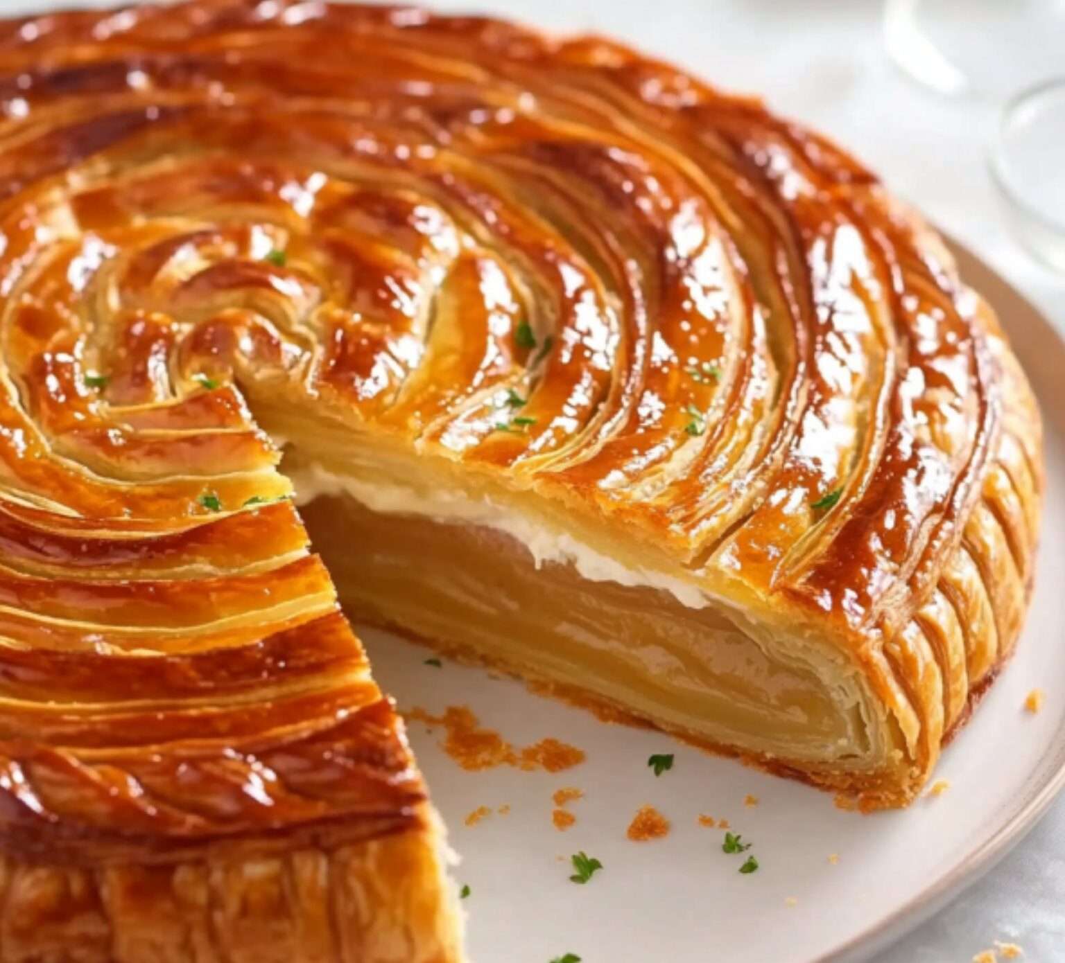 Galette des rois dorée à la crème pâtissière, garnie d'amandes et décorée de motifs festifs