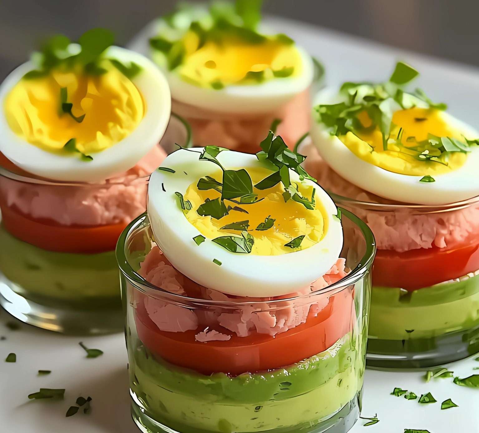 Verrines colorées avec avocat écrasé, thon, tomates et œufs durs garnies de ciboulette fraîche