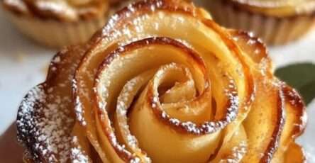 Roses feuilletées aux pommes dorées et saupoudrées de sucre glace, disposées sur une assiette.