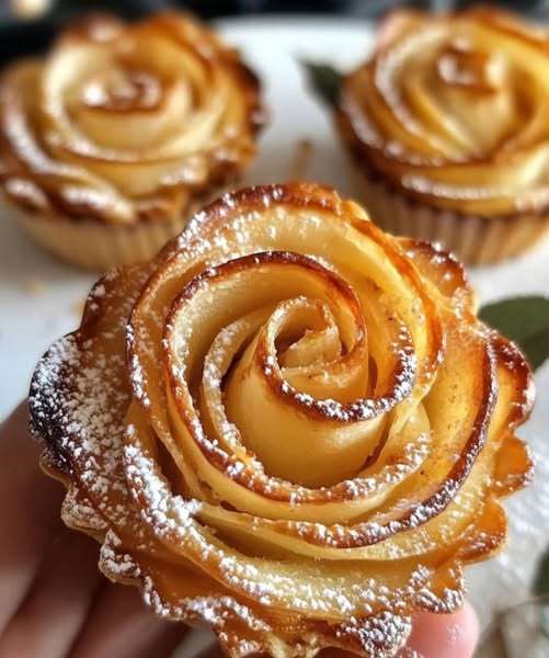 Roses feuilletées aux pommes dorées et saupoudrées de sucre glace, disposées sur une assiette.