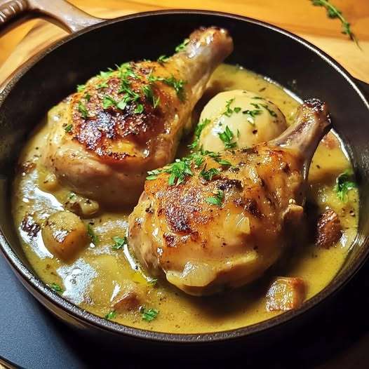 Lapin à la moutarde en cocotte avec sauce onctueuse et herbes fraîches