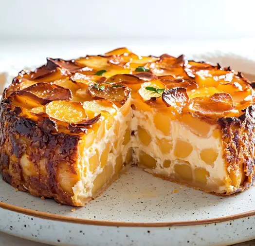 Flan au yaourt et aux pommes doré, garni d’amandes effilées, servi sur une assiette avec une cuillère.