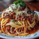 Assiette de spaghetti nappée d’une sauce bolognaise de bœuf, accompagnée d’une sauce crémeuse au beurre à l’ail, garnie de parmesan râpé et de persil frais.