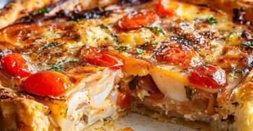 Quiche thon-tomate dorée et savoureuse, garnie de tranches de tomate fraîches et de morceaux de chèvre, servie dans une assiette avec une salade verte.