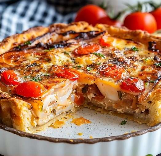 Quiche thon-tomate dorée et savoureuse, garnie de tranches de tomate fraîches et de morceaux de chèvre, servie dans une assiette avec une salade verte.