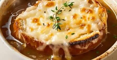 Soupe à l'oignon gratinée à l'ancienne avec fromage doré et pain croquant