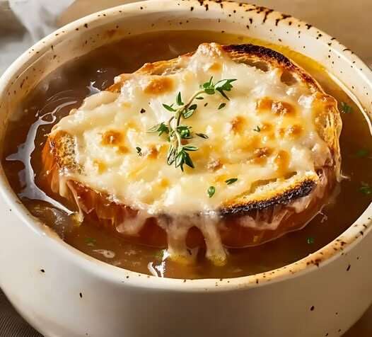 Soupe à l'oignon gratinée à l'ancienne avec fromage doré et pain croquant