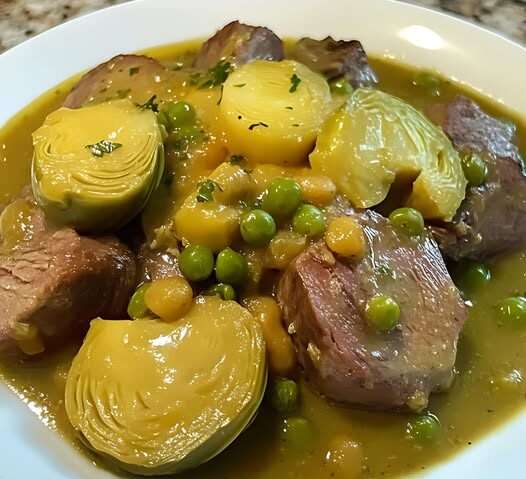 Ragoût de veau aux petits pois et cœurs d'artichaut dans une cocotte