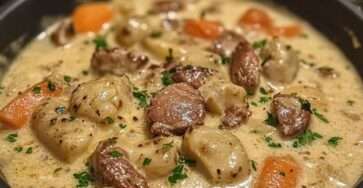 Blanquette de veau maison servie avec du riz et des herbes fraîches