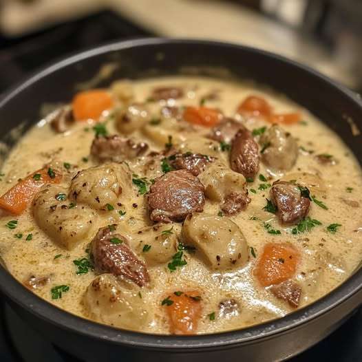 Blanquette de veau maison servie avec du riz et des herbes fraîches