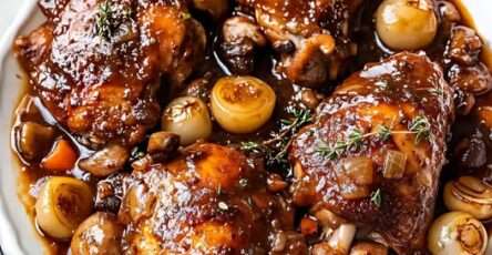 Plat de Coq au Vin traditionnel avec légumes et sauce vin rouge