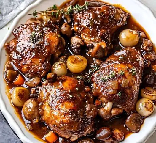 Plat de Coq au Vin traditionnel avec légumes et sauce vin rouge