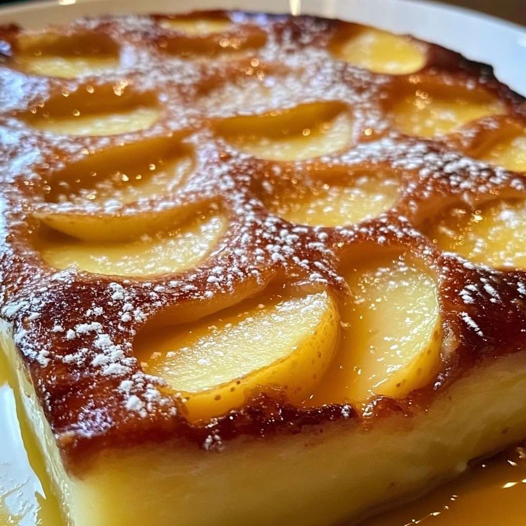 Flan alsacien aux pommes doré dans un moule avec pommes caramélisées