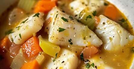 Un bol de bouillon du pêcheur avec cabillaud, fenouil et légumes frais.