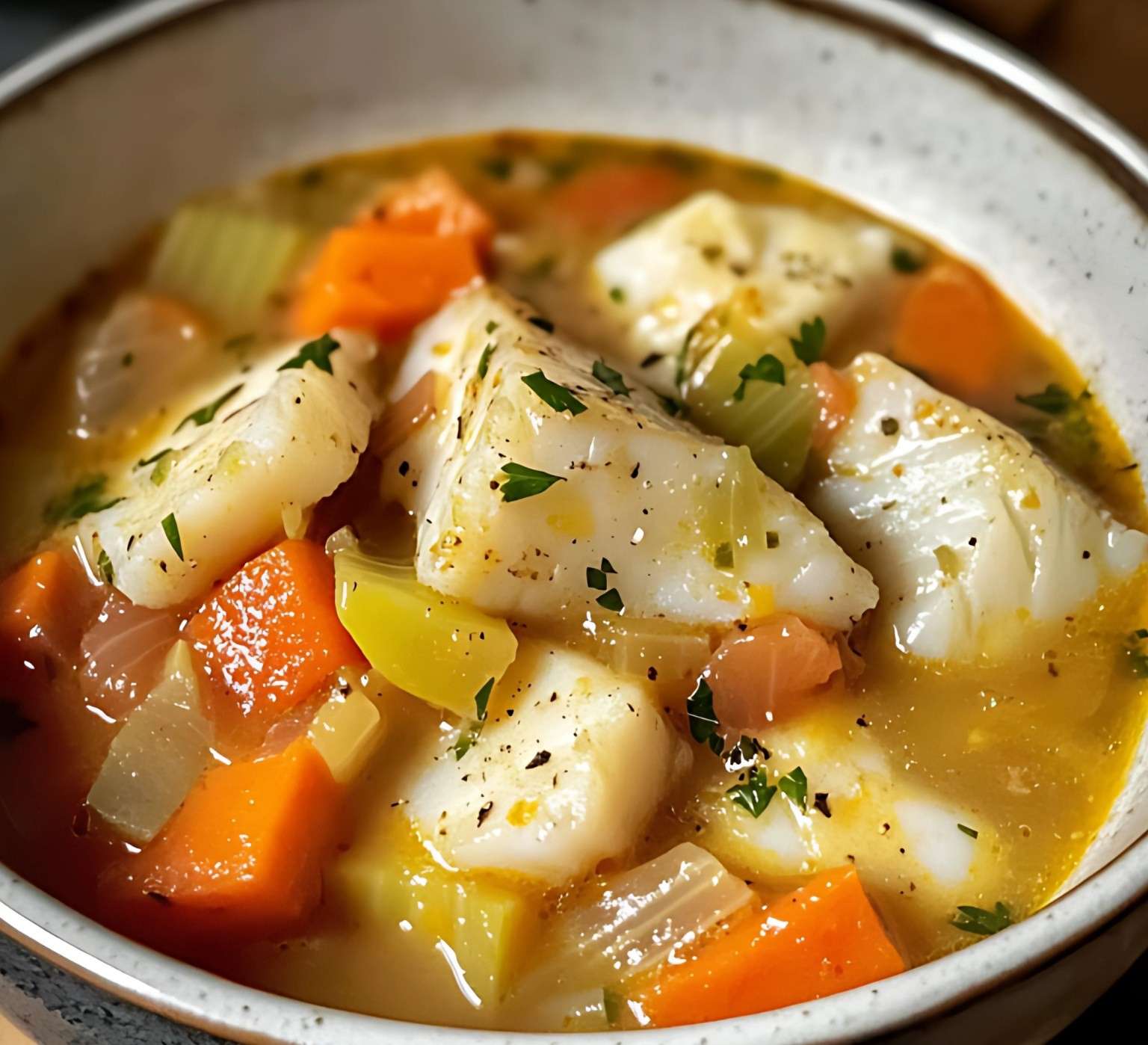 Un bol de bouillon du pêcheur avec cabillaud, fenouil et légumes frais.