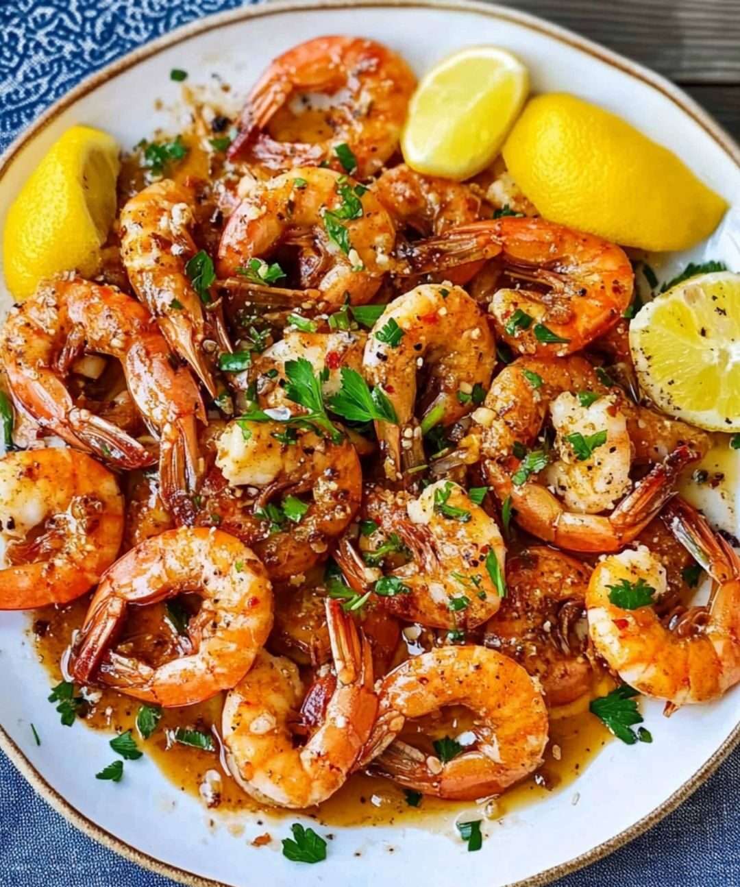 Crevettes hawaïennes au beurre et à l’ail dorées dans une poêle avec persil et citron